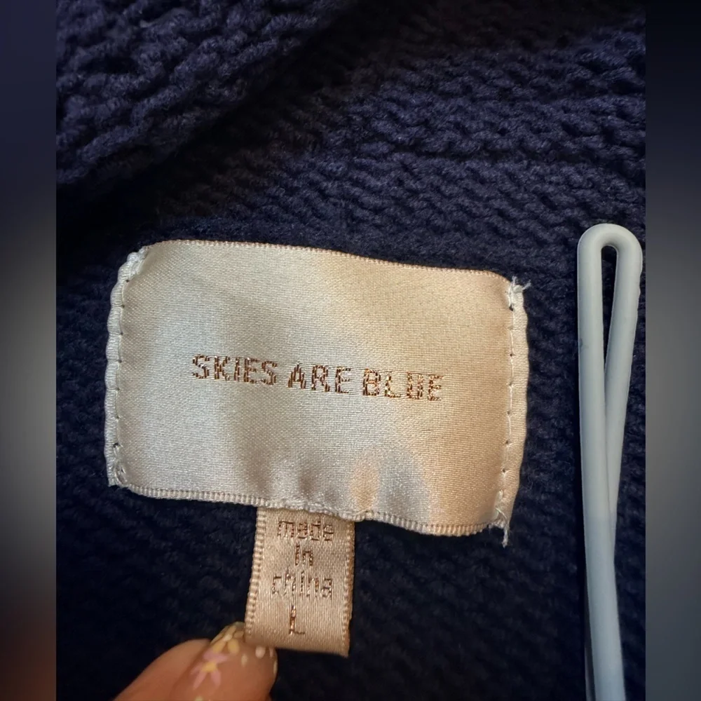 Skies Are Blue Navy Open Front Knit Cardigan Women’s L Textured Pocket Sweater